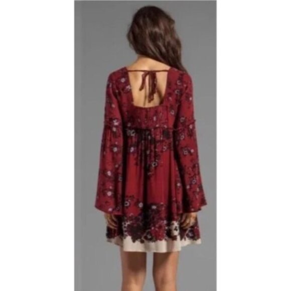 RARE Free People Floral Burgundy Bell Slv Mini Dress | Grunge Fairy Whimsigoth S - Picture 6 of 16